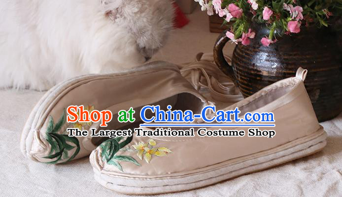Chinese Yunnan Ethnic Beige Satin Shoes Hand Embroidered Orchids Shoes Traditional National Shoes