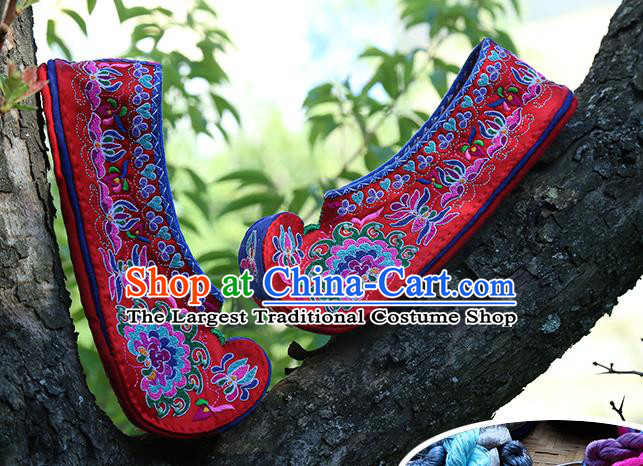 Chinese Yi Nationality Wedding Shoes Handmade Embroidered Red Cloth Shoes Traditional Ethnic Bride Shoes
