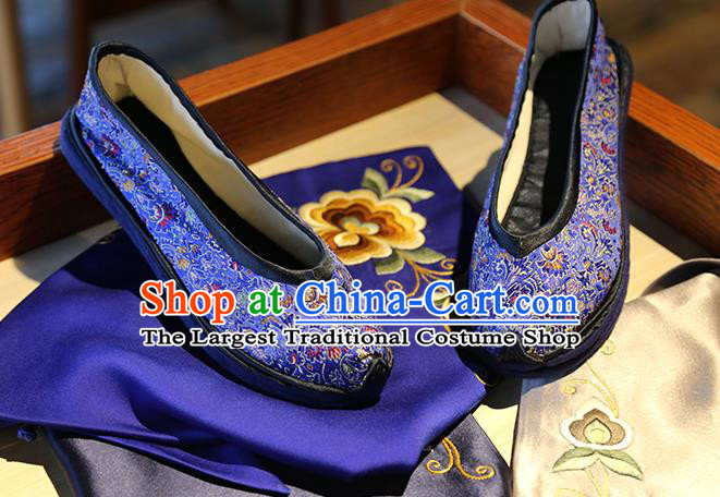 Chinese Classical Cockscomb Pattern Brocade Shoes Handmade Royalblue Shoes Traditional Yunnan Ethnic Wedding Shoes