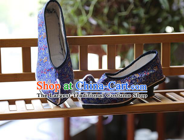 Chinese Handmade Classical Cockscomb Pattern Brocade Shoes Traditional Royalblue Dance Shoes