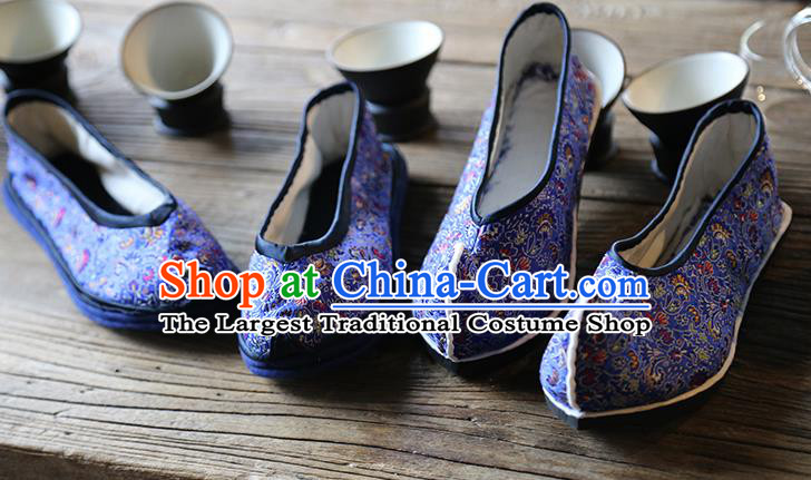 Chinese Handmade Classical Cockscomb Pattern Brocade Shoes Traditional Royalblue Dance Shoes