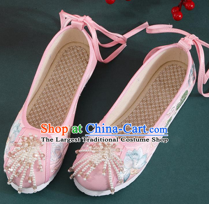 Chinese Traditional Beads Tassel Shoes Classical Dance Pink Cloth Shoes National Embroidered Lotus Shoes
