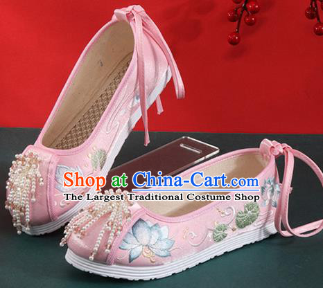 Chinese Traditional Beads Tassel Shoes Classical Dance Pink Cloth Shoes National Embroidered Lotus Shoes