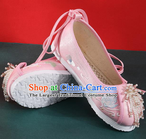 Chinese Traditional Beads Tassel Shoes Classical Dance Pink Cloth Shoes National Embroidered Lotus Shoes
