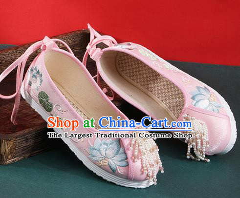 Chinese Traditional Beads Tassel Shoes Classical Dance Pink Cloth Shoes National Embroidered Lotus Shoes