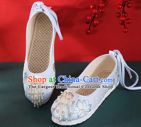 Chinese National Embroidered Lotus Shoes Traditional Beads Tassel Shoes Classical Dance Blue Cloth Shoes