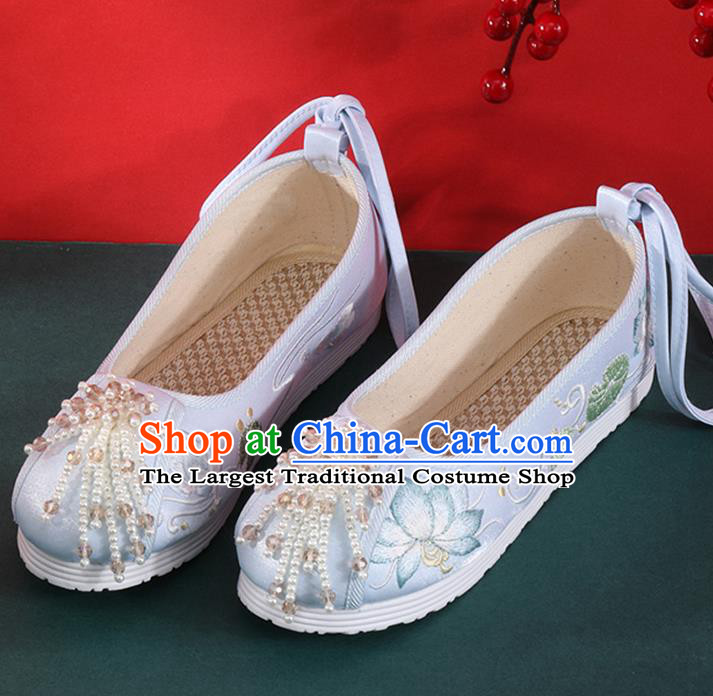 Chinese National Embroidered Lotus Shoes Traditional Beads Tassel Shoes Classical Dance Blue Cloth Shoes