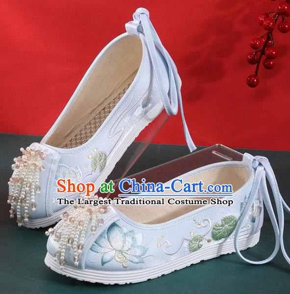 Chinese National Embroidered Lotus Shoes Traditional Beads Tassel Shoes Classical Dance Blue Cloth Shoes