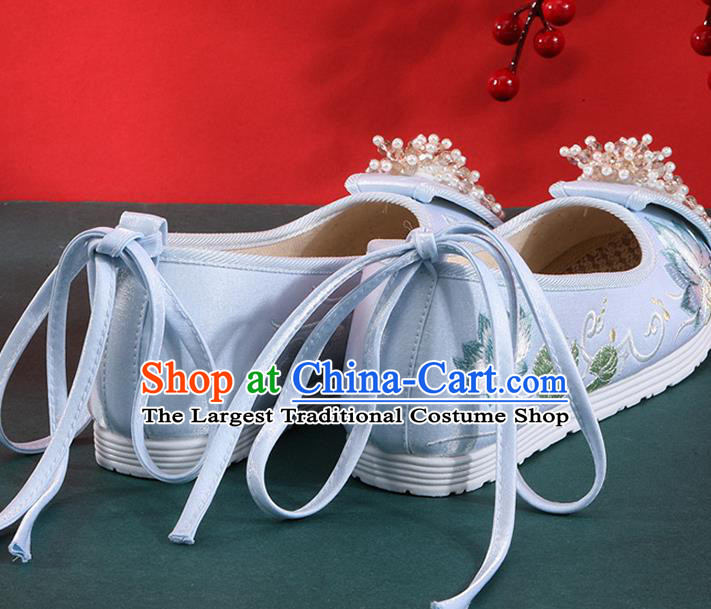 Chinese National Embroidered Lotus Shoes Traditional Beads Tassel Shoes Classical Dance Blue Cloth Shoes