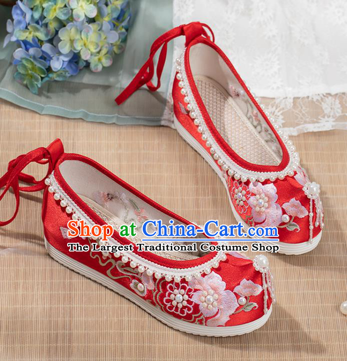 China Traditional Ming Dynasty Wedding Pearls Shoes Ancient Princess Shoes Handmade Red Satin Hanfu Shoes