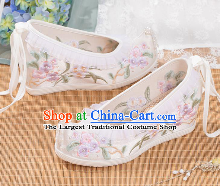 Chinese National Embroidery Flowers White Satin Shoes Traditional Pearls Bow Shoes Classical Wedge Heel Shoes