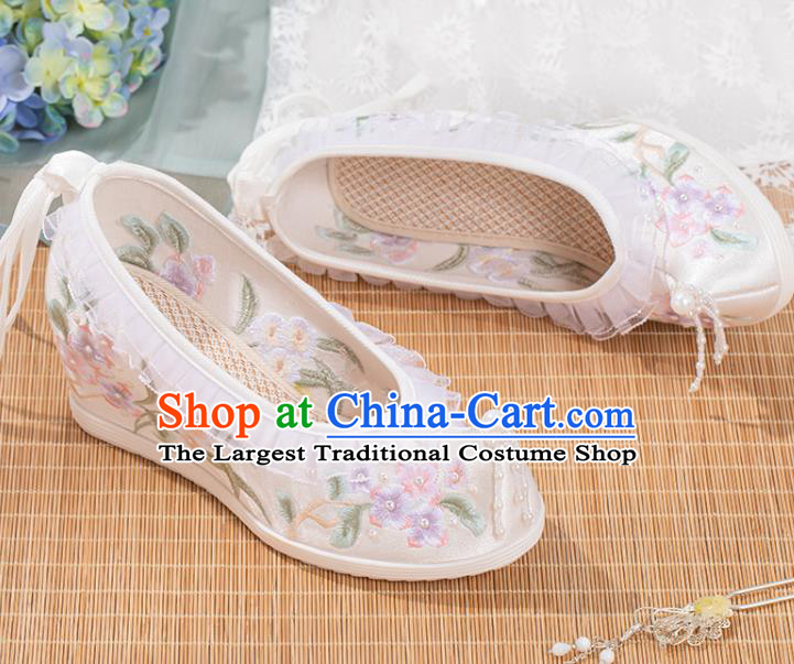 Chinese National Embroidery Flowers White Satin Shoes Traditional Pearls Bow Shoes Classical Wedge Heel Shoes