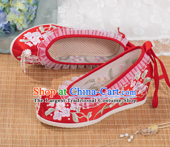 Chinese Classical Wedding Wedge Heel Shoes National Embroidery Flowers Red Satin Shoes Traditional Xiuhe Pearls Shoes