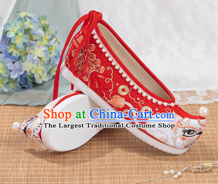 China Wedding Hanfu Embroidery Shoes Traditional Tang Dynasty Red Cloth Shoes Ancient Princess Pearls Shoes