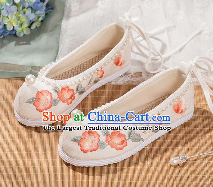 China Traditional Hanfu Shoes Ming Dynasty White Cloth Bow Shoes Ancient Princess Embroidery Shoes