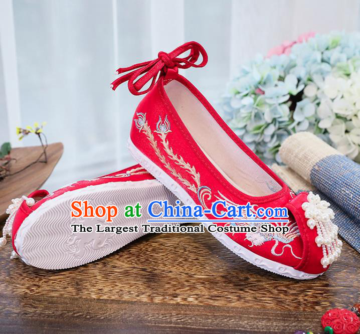 Chinese National Embroidery Phoenix Shoes Traditional Wedding Hanfu Red Cloth Shoes Classical Xiuhe Shoes