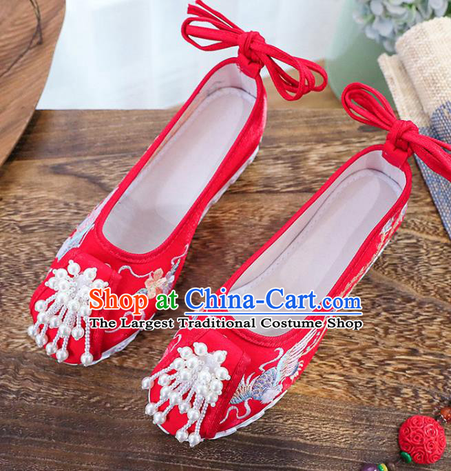 Chinese National Embroidery Phoenix Shoes Traditional Wedding Hanfu Red Cloth Shoes Classical Xiuhe Shoes