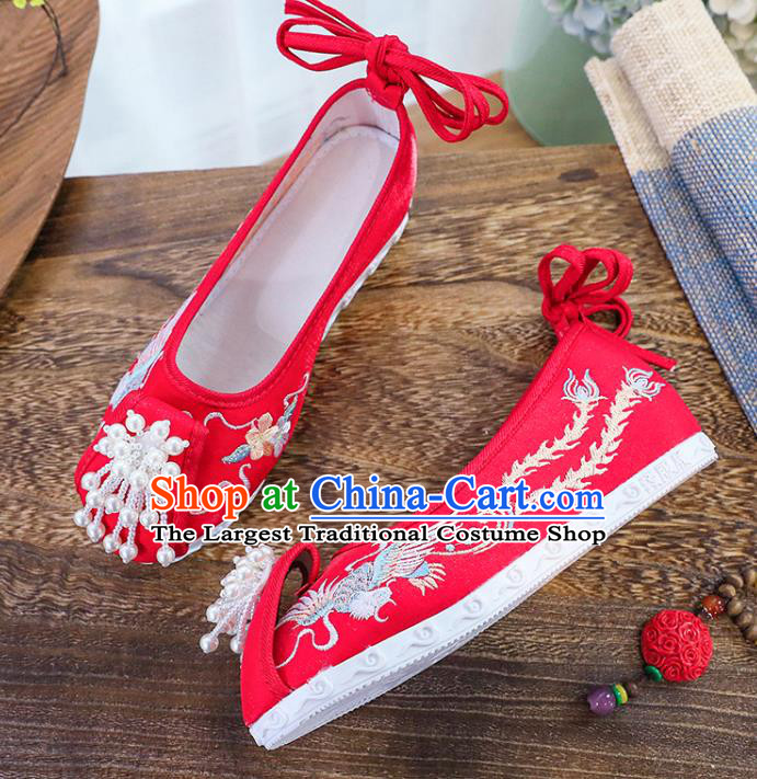 Chinese National Embroidery Phoenix Shoes Traditional Wedding Hanfu Red Cloth Shoes Classical Xiuhe Shoes