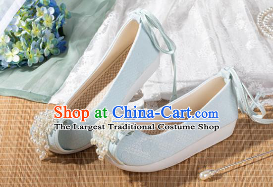 China Ancient Princess Pearls Toe Shoes Hanfu Shoes Traditional Tang Dynasty Blue Cloth Shoes