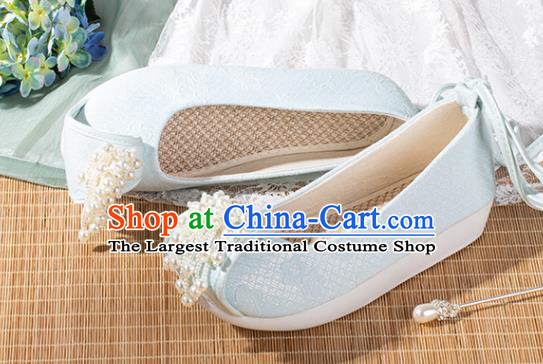 China Ancient Princess Pearls Toe Shoes Hanfu Shoes Traditional Tang Dynasty Blue Cloth Shoes