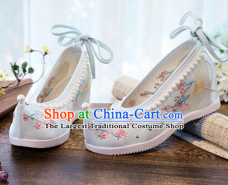 Chinese Traditional Woman Shoes National Wedge Heel Shoes Embroidery Blue Cloth Shoes