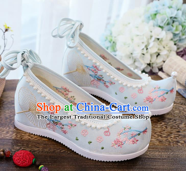 Chinese Traditional Woman Shoes National Wedge Heel Shoes Embroidery Blue Cloth Shoes