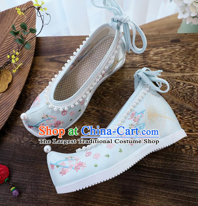 Chinese Traditional Woman Shoes National Wedge Heel Shoes Embroidery Blue Cloth Shoes