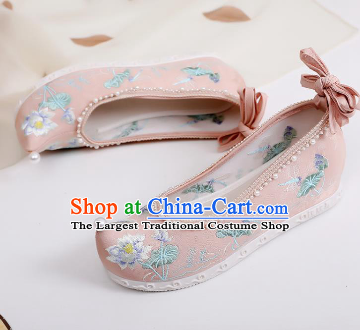 Chinese Traditional Woman Pink Cloth Shoes National Dance Shoes Classical Embroidery Lotus Shoes
