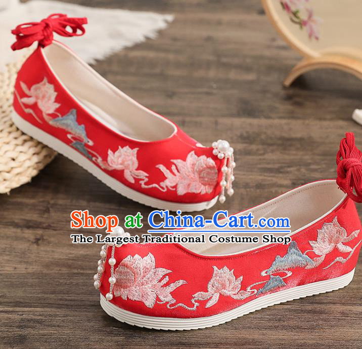 China Wedding Red Cloth Shoes Ancient Princess Shoes Traditional Hanfu Beads Toe Shoes Ming Dynasty Embroidered Shoes