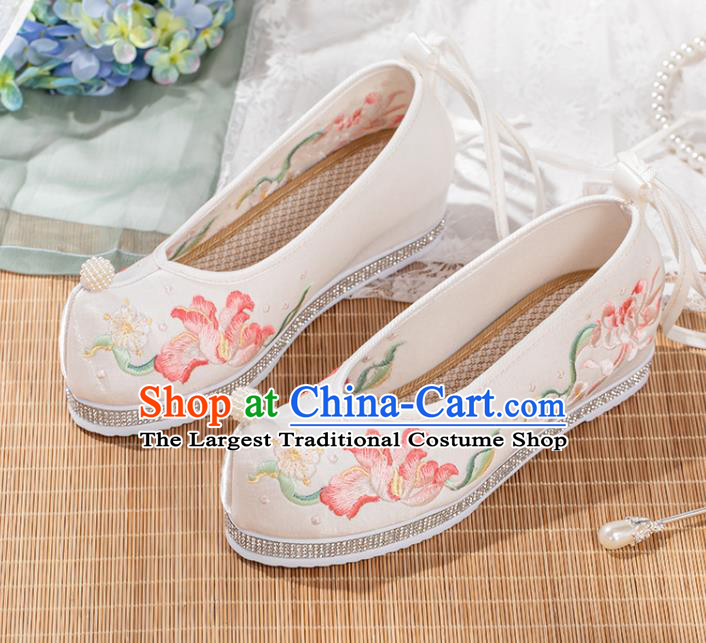 China Handmade White Cloth Shoes Ancient Princess Embroidered Shoes Traditional Hanfu Shoes Ming Dynasty Bow Shoes