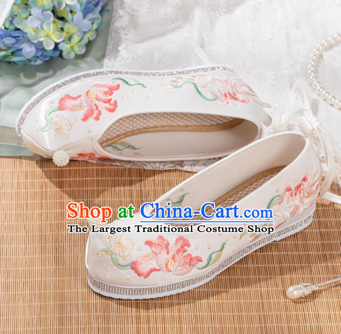 China Handmade White Cloth Shoes Ancient Princess Embroidered Shoes Traditional Hanfu Shoes Ming Dynasty Bow Shoes