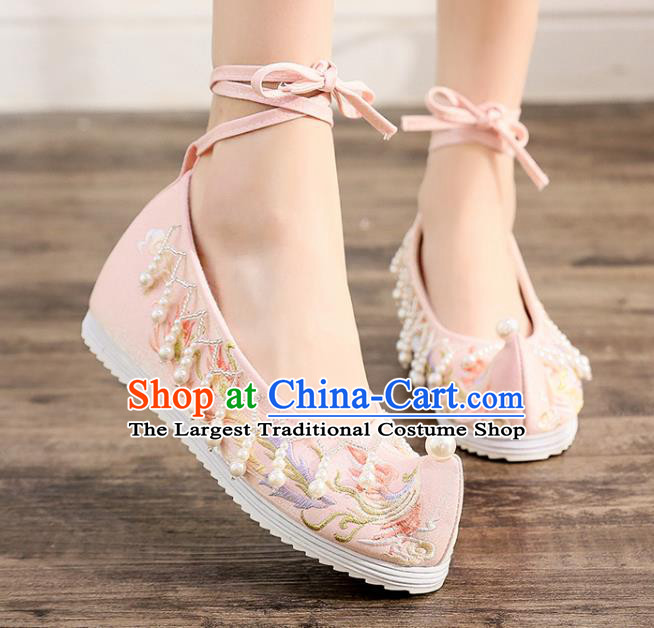 China Ancient Princess Pink Embroidered Phoenix Shoes Traditional Hanfu Pearls Tassel Shoes Handmade Ming Dynasty Bow Shoes