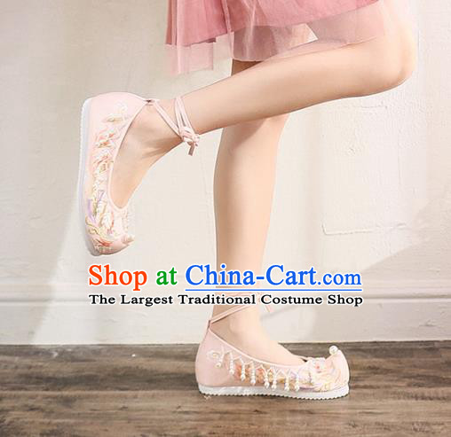 China Ancient Princess Pink Embroidered Phoenix Shoes Traditional Hanfu Pearls Tassel Shoes Handmade Ming Dynasty Bow Shoes