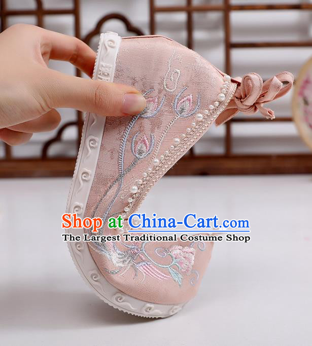 Chinese Classical Pearls Shoes National Embroidery Phoenix Peony Shoes Traditional Pink Cloth Shoes