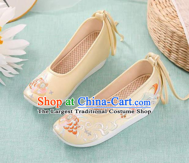 Chinese Embroidery Peony Shoes National Woman Footwear Traditional Beijing Yellow Cloth Shoes