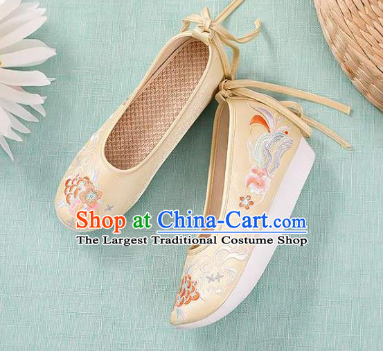 Chinese Embroidery Peony Shoes National Woman Footwear Traditional Beijing Yellow Cloth Shoes