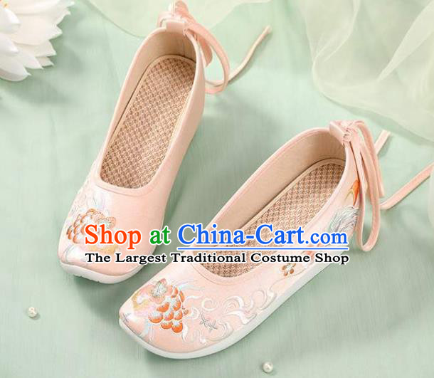 Chinese National Woman Footwear Traditional Beijing Pink Cloth Shoes Embroidery Peony Shoes