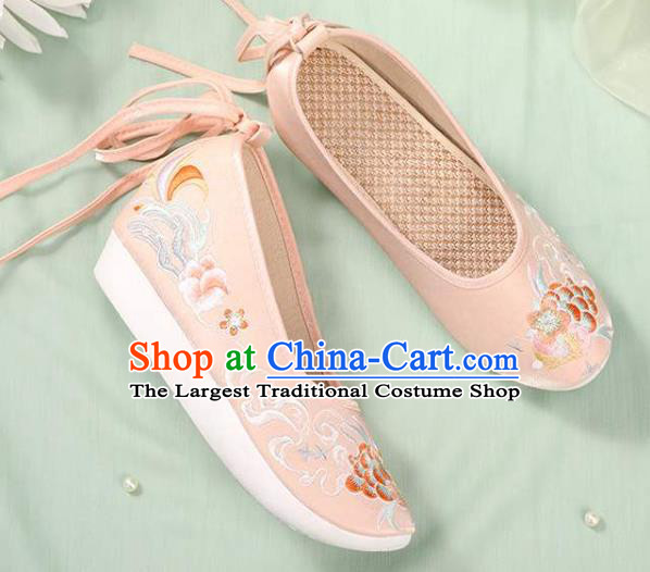 Chinese National Woman Footwear Traditional Beijing Pink Cloth Shoes Embroidery Peony Shoes