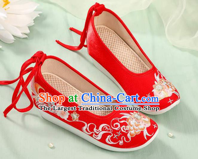 Chinese Wedding Embroidery Peony Shoes National Woman Footwear Traditional Beijing Bride Red Cloth Shoes