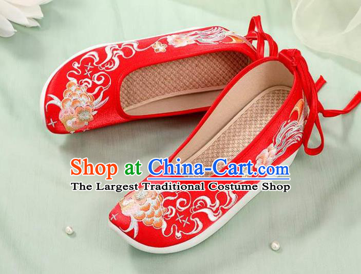 Chinese Wedding Embroidery Peony Shoes National Woman Footwear Traditional Beijing Bride Red Cloth Shoes