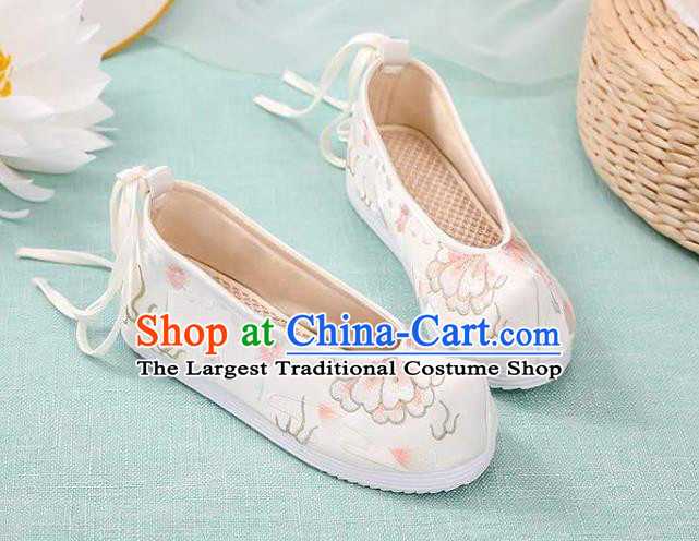 Chinese Classical Dance Shoes National Woman Embroidered Shoes Traditional Hanfu White Cloth Shoes