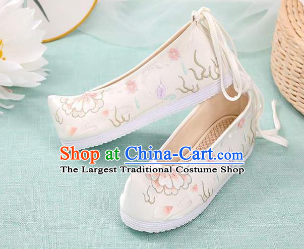 Chinese Classical Dance Shoes National Woman Embroidered Shoes Traditional Hanfu White Cloth Shoes