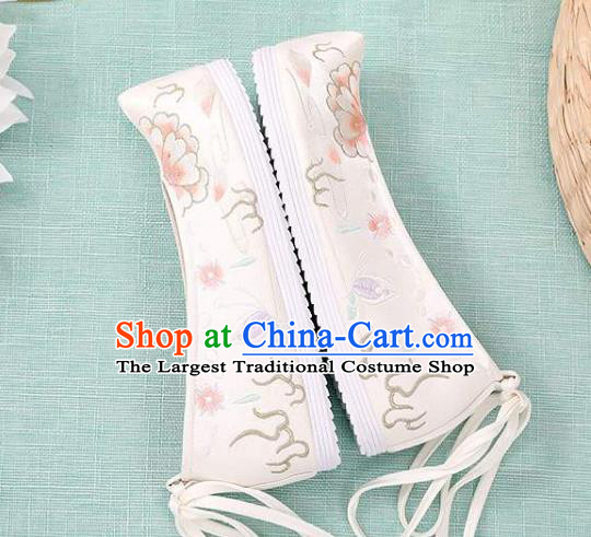 Chinese Classical Dance Shoes National Woman Embroidered Shoes Traditional Hanfu White Cloth Shoes
