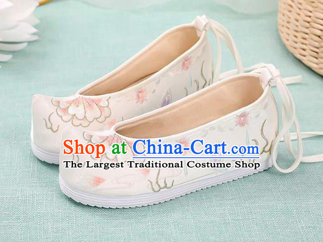 Chinese Classical Dance Shoes National Woman Embroidered Shoes Traditional Hanfu White Cloth Shoes
