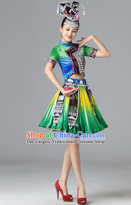 Chinese Ethnic Stage Performance Garment Clothing Yi Nationality Folk Dance Green Dress Outfits