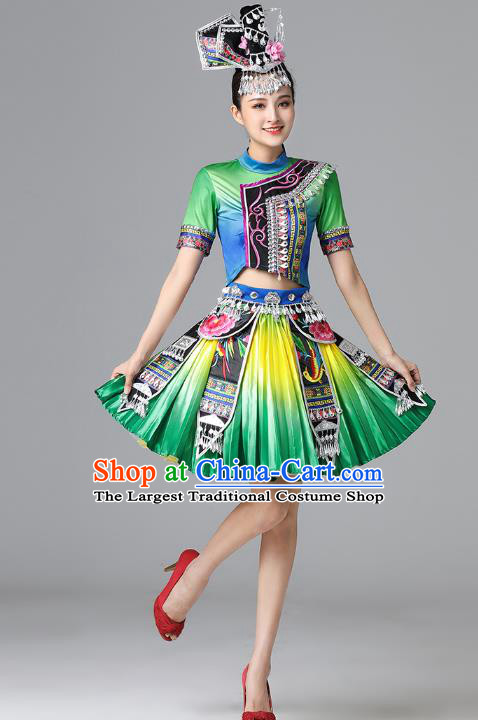 Chinese Ethnic Stage Performance Garment Clothing Yi Nationality Folk Dance Green Dress Outfits