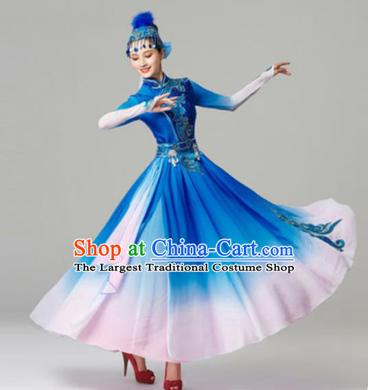 Chinese Mongolian Ethnic Stage Performance Garment Clothing Mongol Nationality Folk Dance Blue Dress Outfits