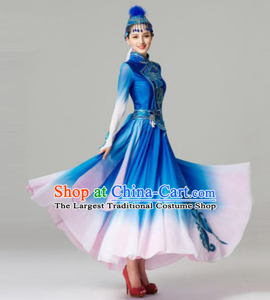 Chinese Mongolian Ethnic Stage Performance Garment Clothing Mongol Nationality Folk Dance Blue Dress Outfits