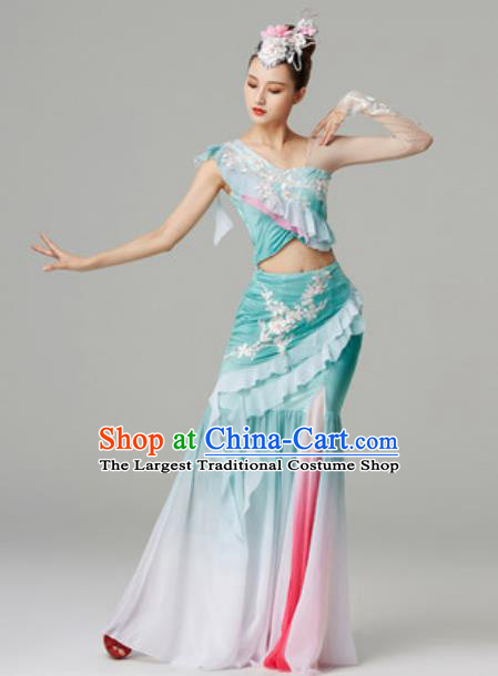 Chinese Yunnan Ethnic Stage Performance Garment Clothing Dai Nationality Peacock Dance Green Dress Outfits