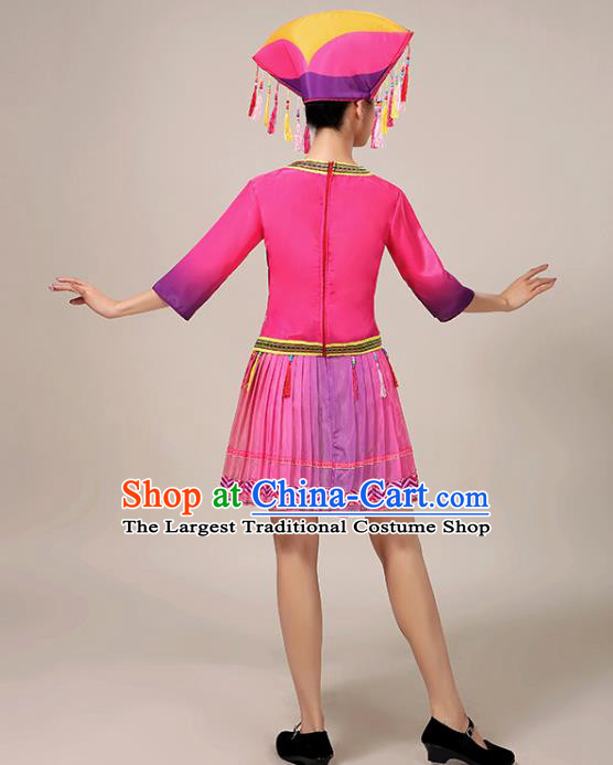 Chinese Zhuang Ethnic Folk Dance Garment Clothing Guangxi Nationality Stage Performance Rosy Short Dress Outfits